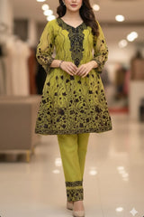 3 Piece - Olive Bloom - Frock Sequence Embroidery