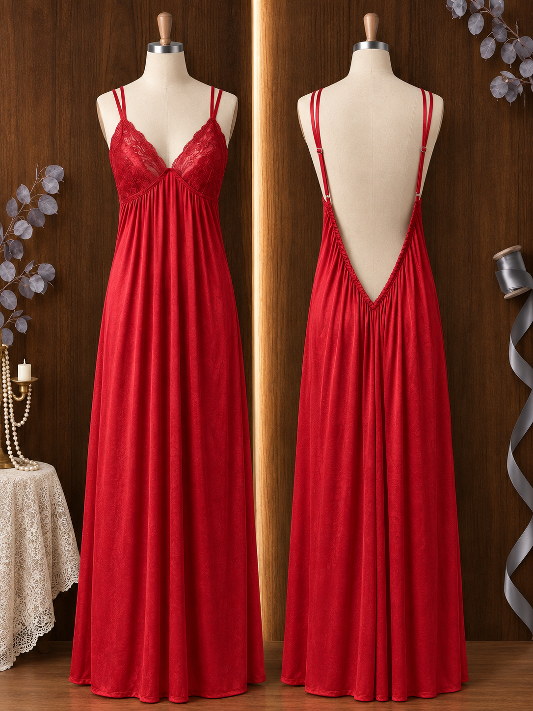 Women’s Satin Lace Trim Long Nightgown – Elegant Sleepwear