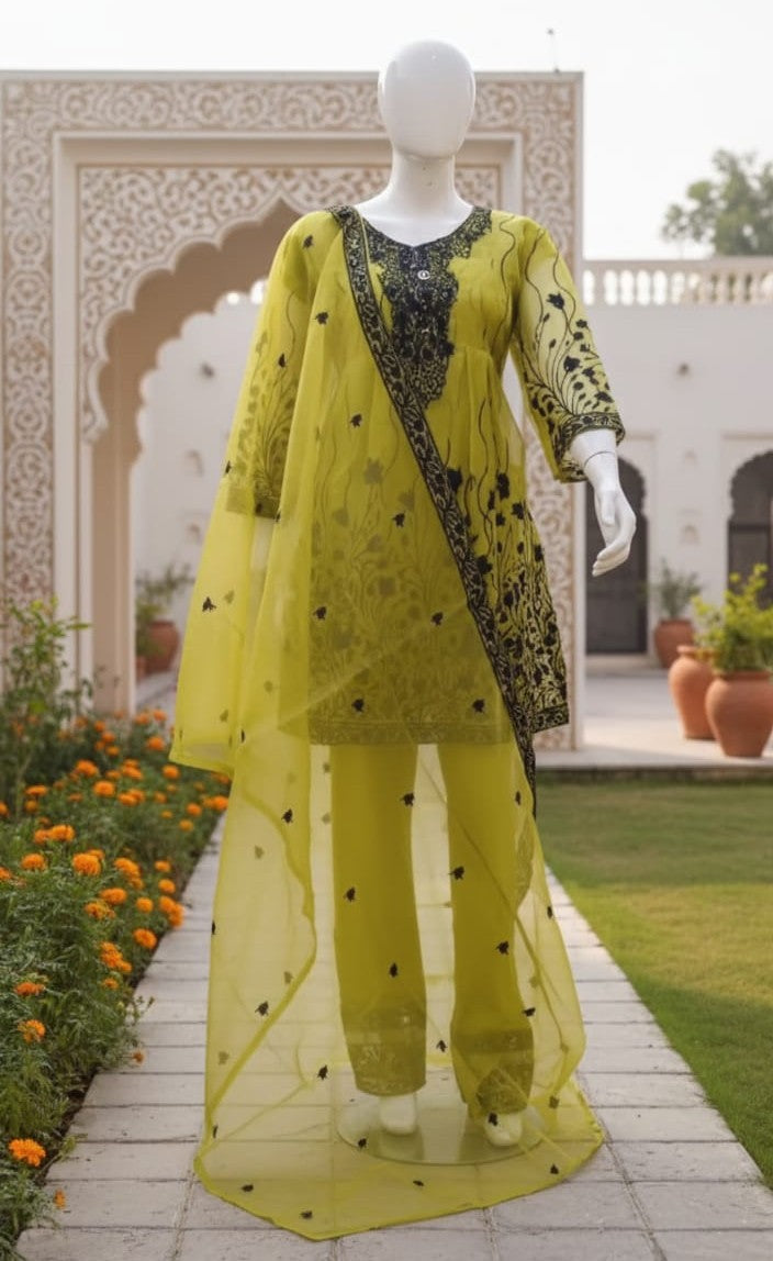 3 Piece - Olive Bloom - Frock Sequence Embroidery