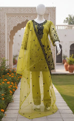 3 Piece - Olive Bloom - Frock Sequence Embroidery