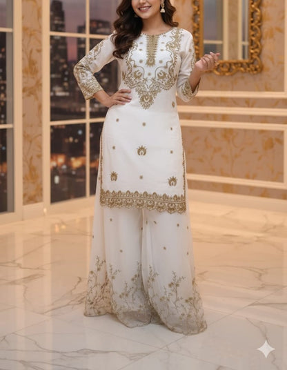 3 Piece - Royal Radiance - White & Gold Embroidered