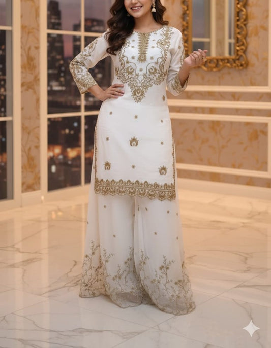 3 Piece - Royal Radiance - White & Gold Embroidered