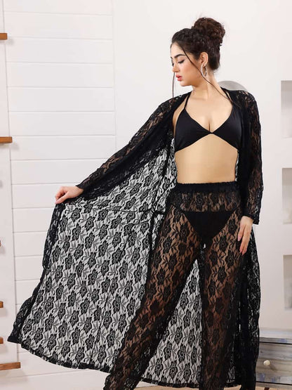 Sexy Long Sheer Robe Lingerie 4pc | Long sheer robe with pajamas
