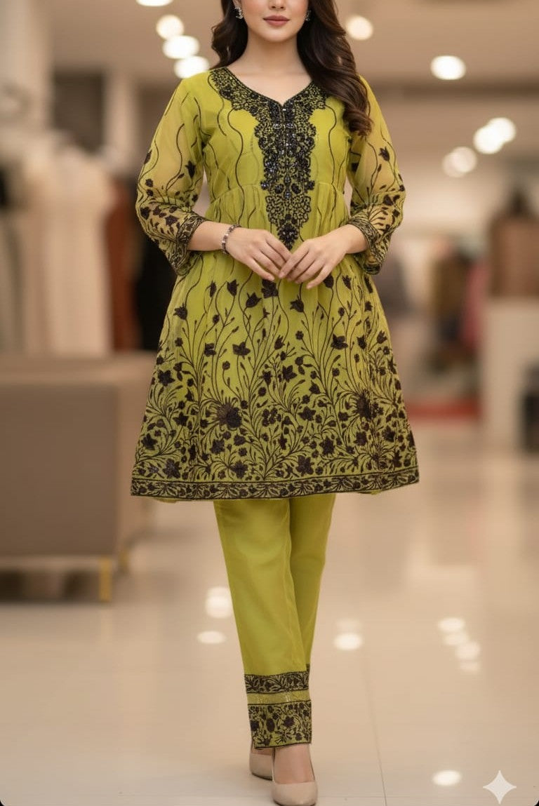 3 Piece - Olive Bloom - Frock Sequence Embroidery