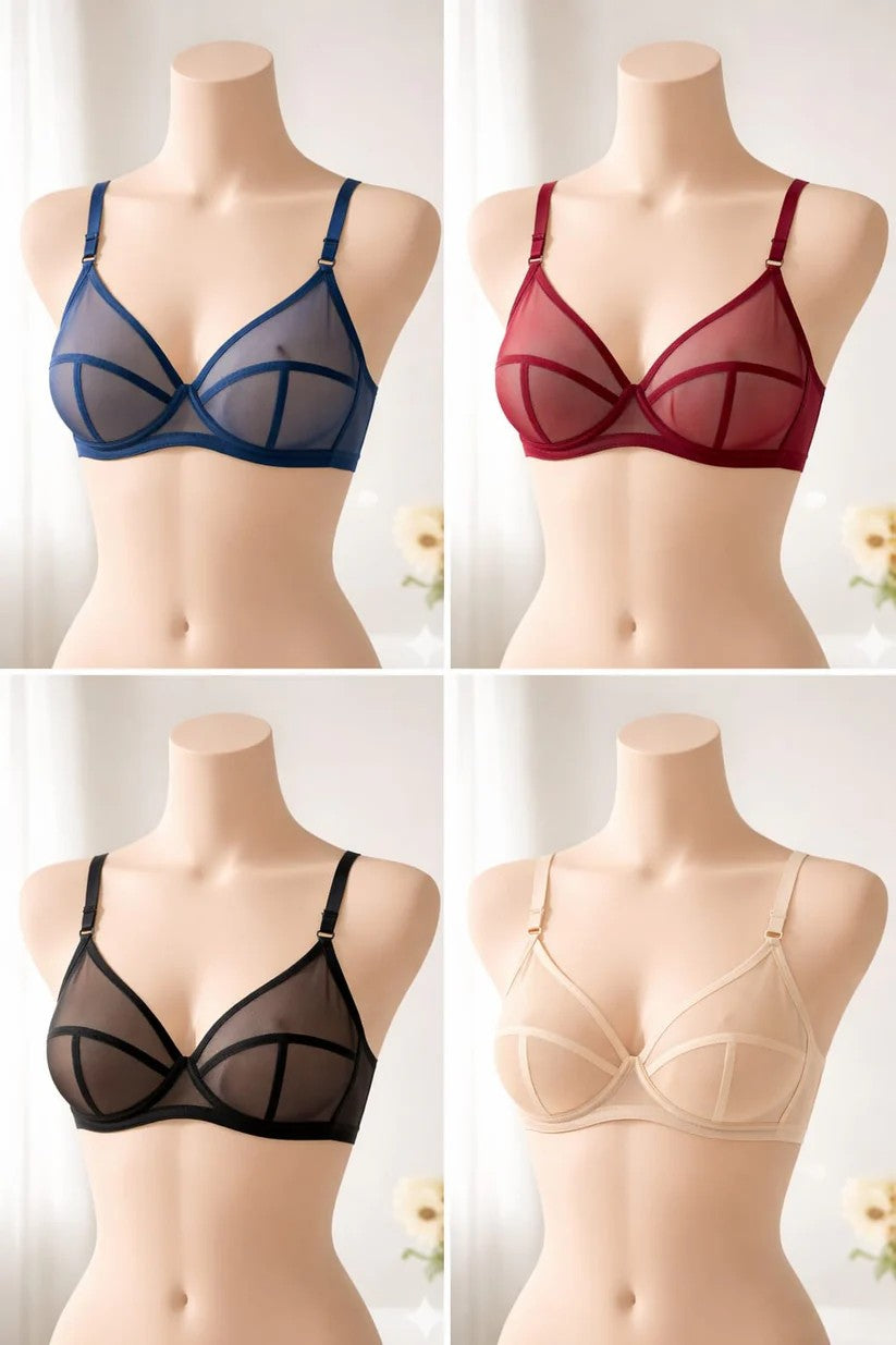 Pack Of 4 ed & Non-Wired Full Net Transparent Cotton Bras - 4 Colors