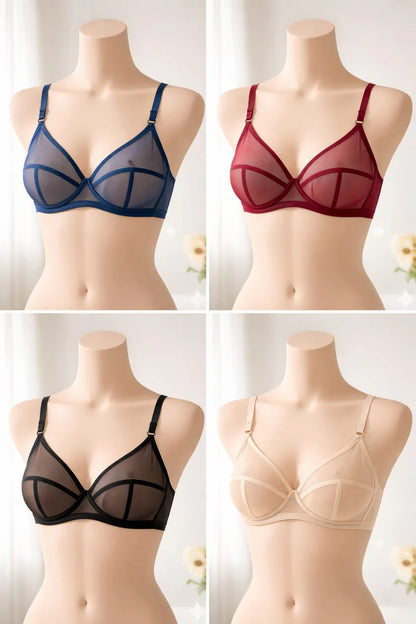 ed & Non-Wired Full Net Transparent Cotton Bras - 4 Colors
