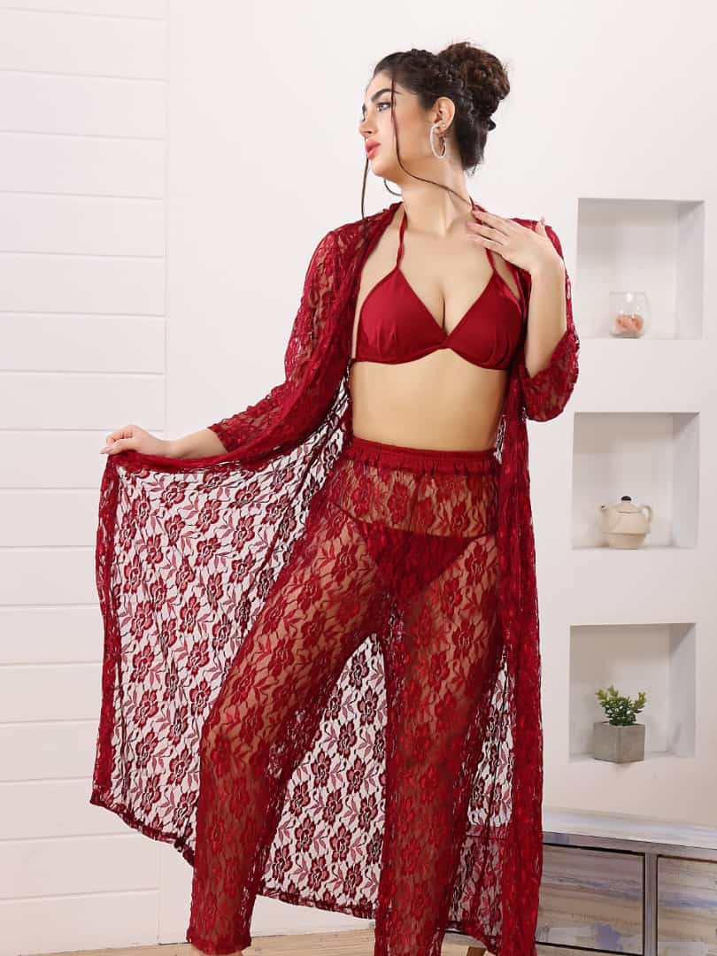 Sexy Long Sheer Robe Lingerie 4pc | Long sheer robe with pajamas