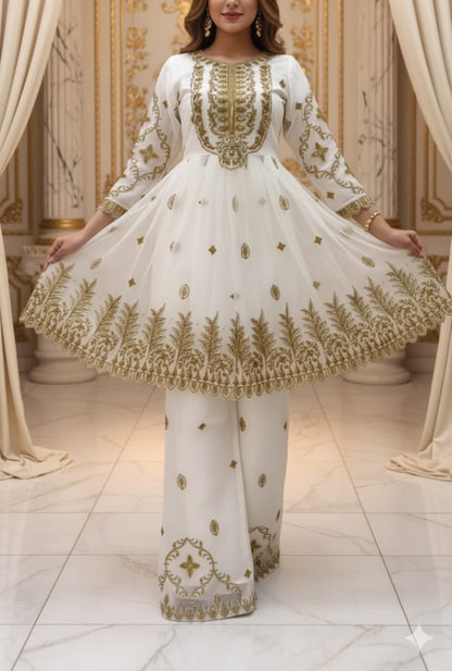 3 Piece - Royal Radiance - Frock White & Gold Embroidered