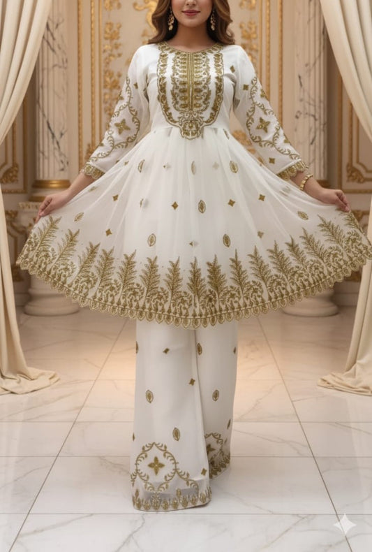 3 Piece - Royal Radiance - Frock White & Gold Embroidered