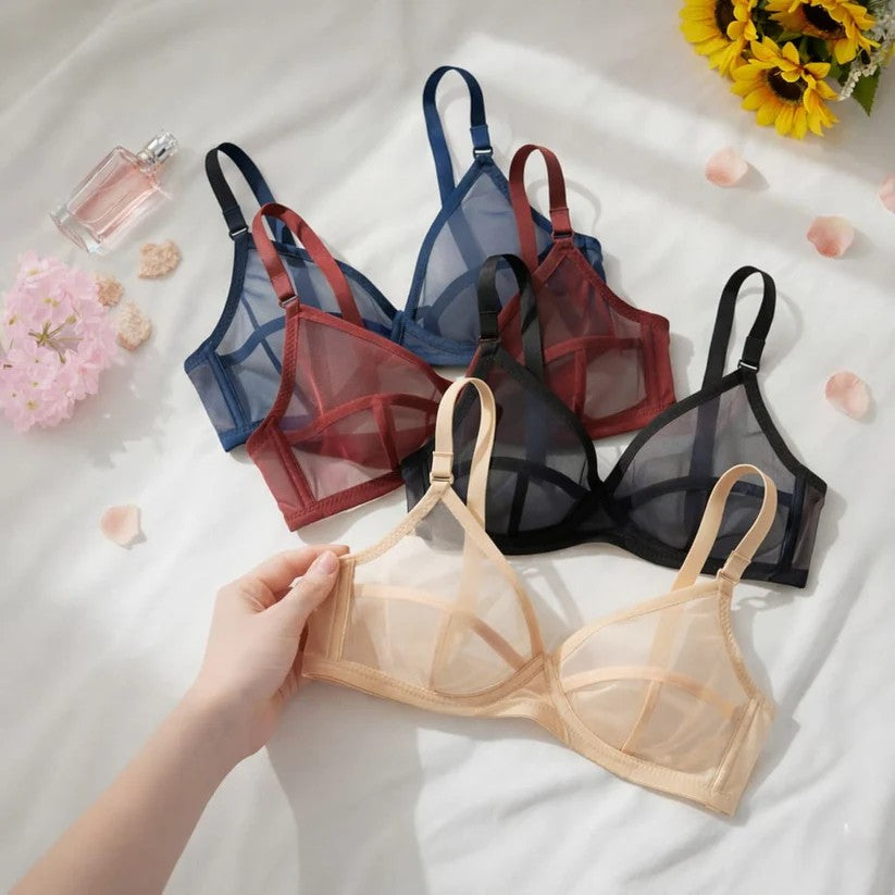 Pack Of 4 ed & Non-Wired Full Net Transparent Cotton Bras - 4 Colors