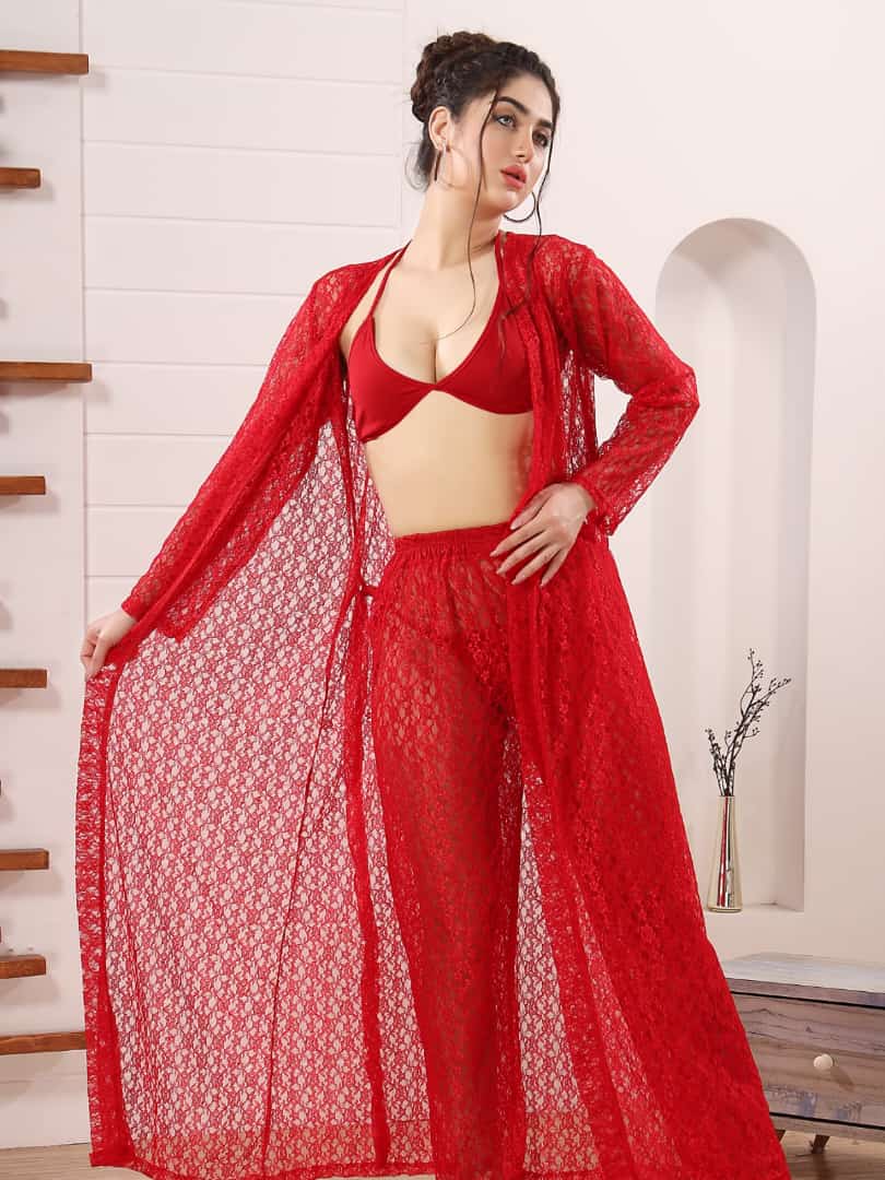 Sexy Long Sheer Robe Lingerie 4pc | Long sheer robe with pajamas