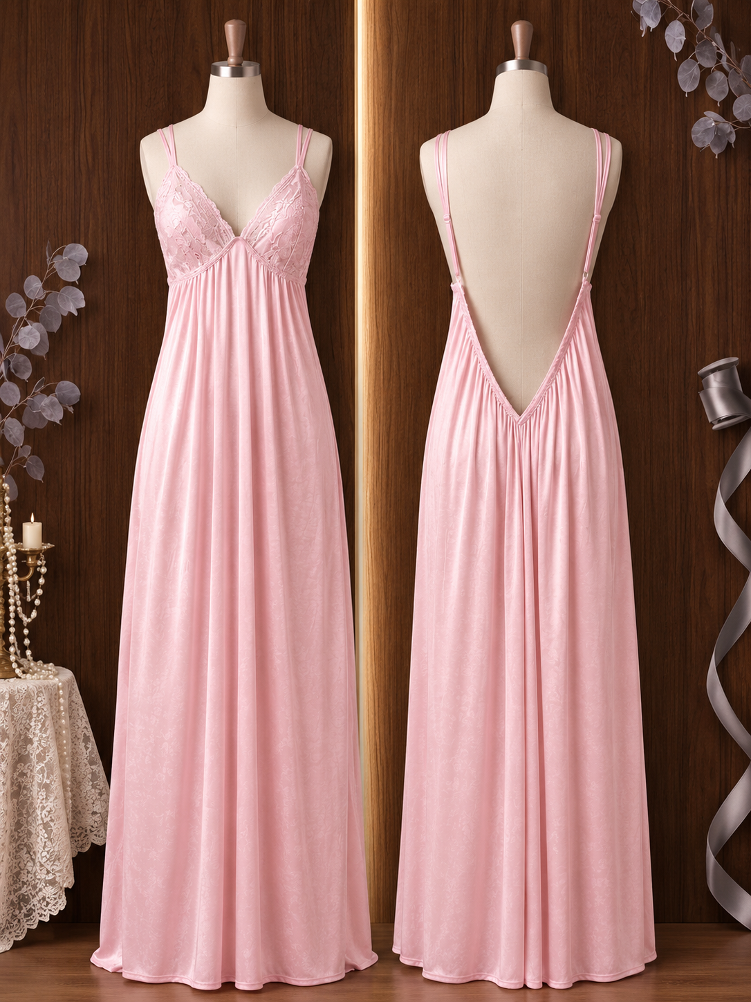 Women’s Satin Lace Trim Long Nightgown – Elegant Sleepwear