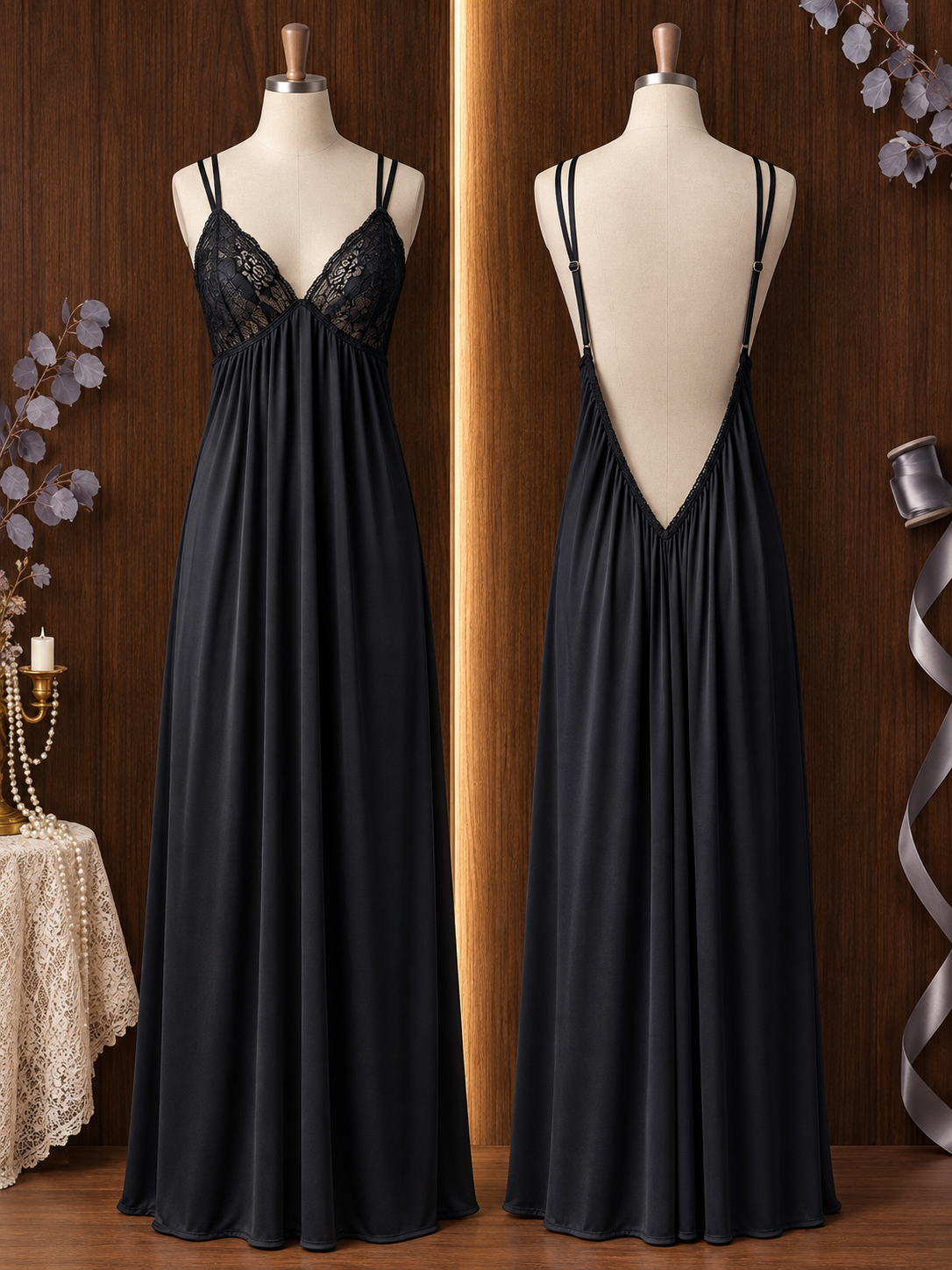 Women’s Satin Lace Trim Long Nightgown – Elegant Sleepwear
