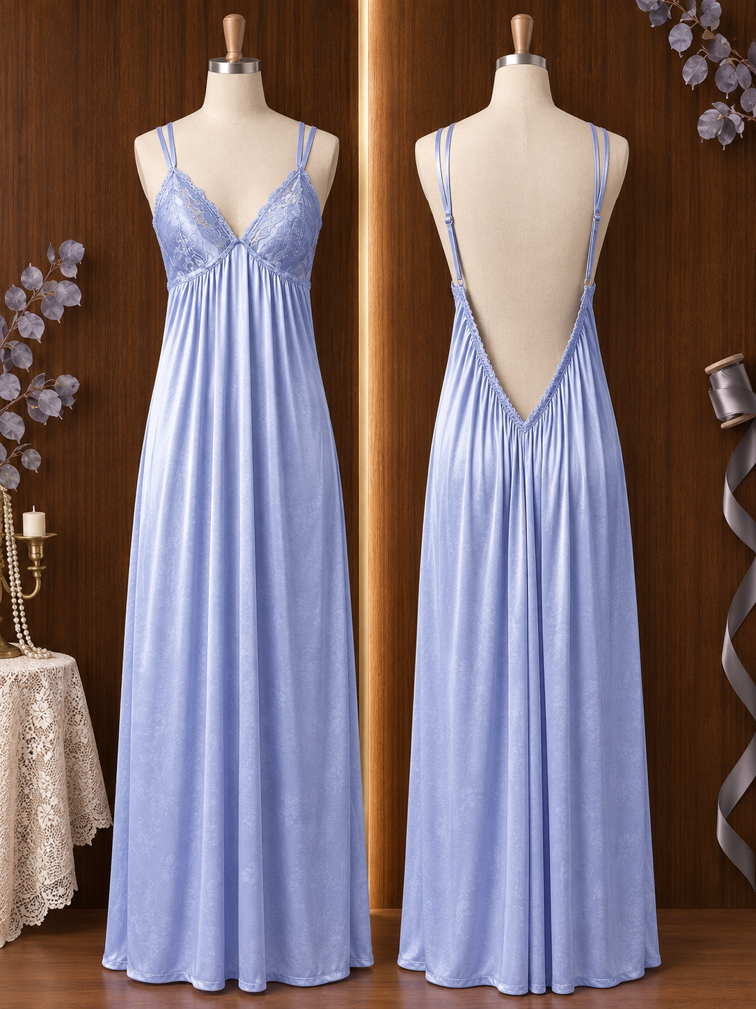 Women’s Satin Lace Trim Long Nightgown – Elegant Sleepwear