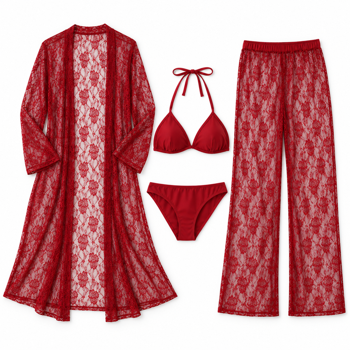 4-Piece Lace Nightwear Set with Long Robe & Trousers