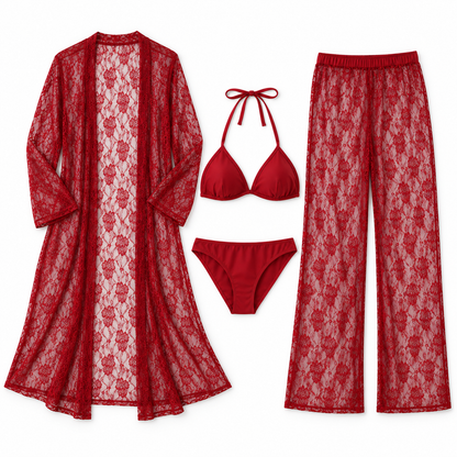 4-Piece Lace Nightwear Set with Long Robe & Trousers