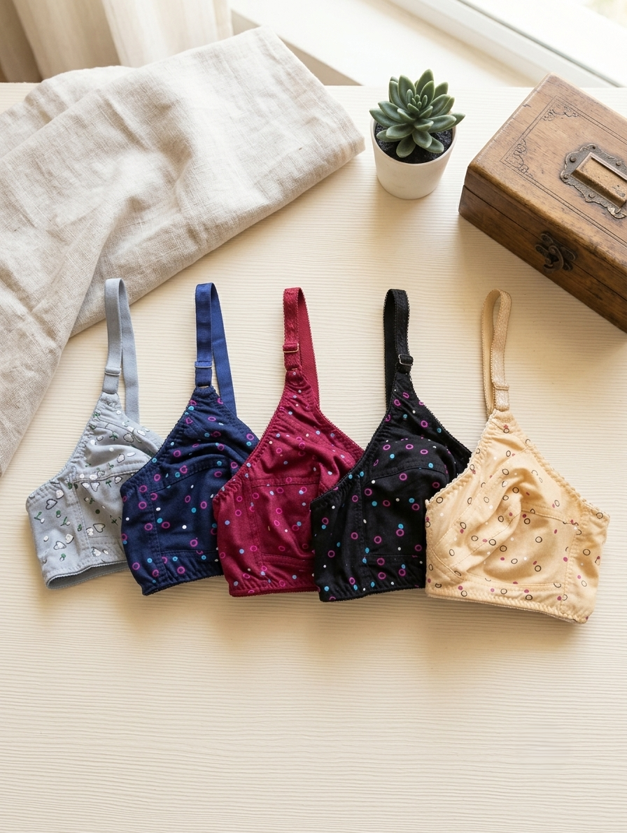 Pack Of 5 Soft Cotton Hosiery Fabric Imported Style Printed Bra