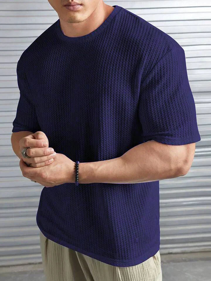 Oversized Waffle Knit Tee For Men - Navyblue