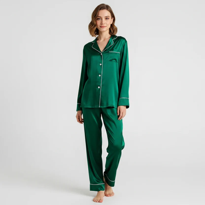 Premium Silk Night Suit - Bottle Green