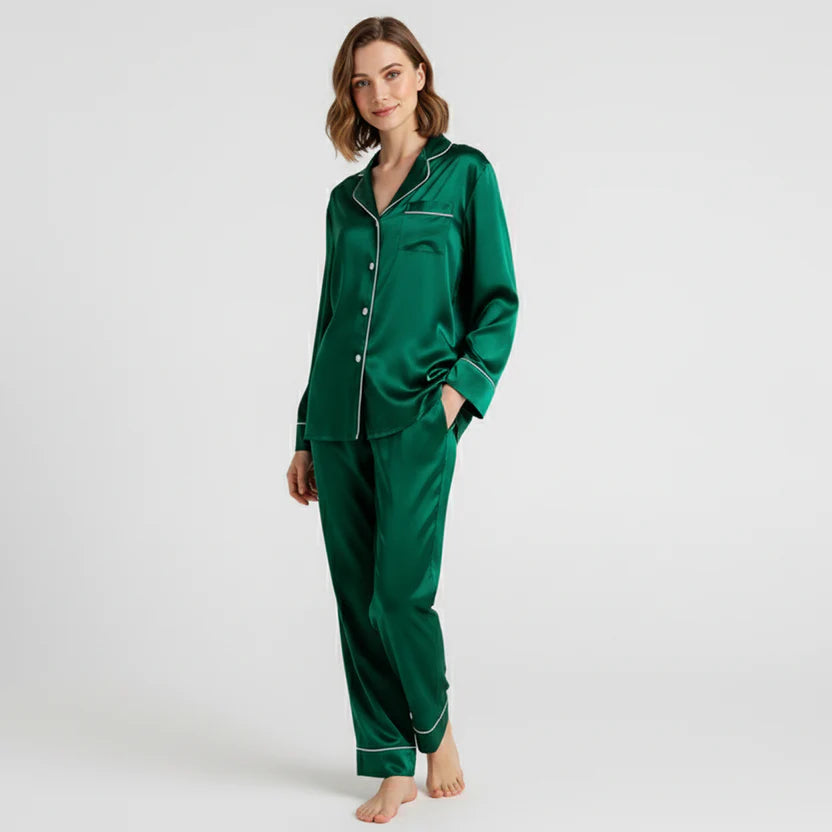Premium Silk Night Suit - Bottle Green