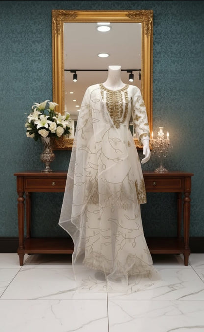 3 Piece - Royal Radiance - Frock White & Gold Embroidered