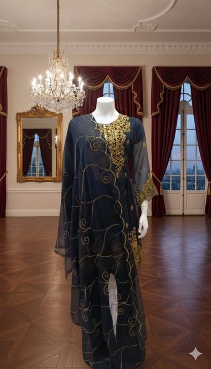 3 Piece - Royal Aura Black - Frock Handwork Embroidrey