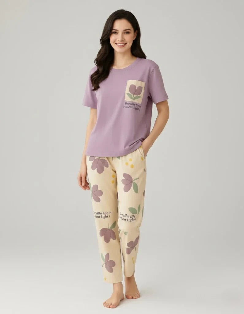 Pocket Purple Flower Soft Cotton PJ Suit