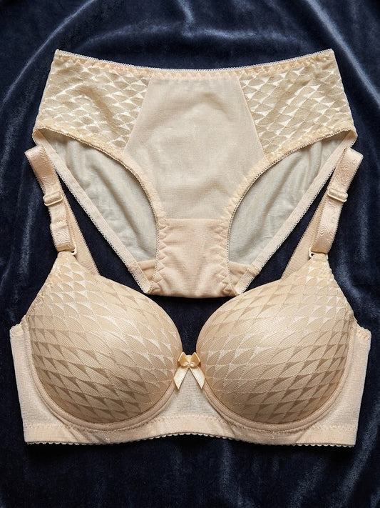 Luxury Biege Lace Bra & Panty Set – Soft Padded Comfort Fit Lingerie