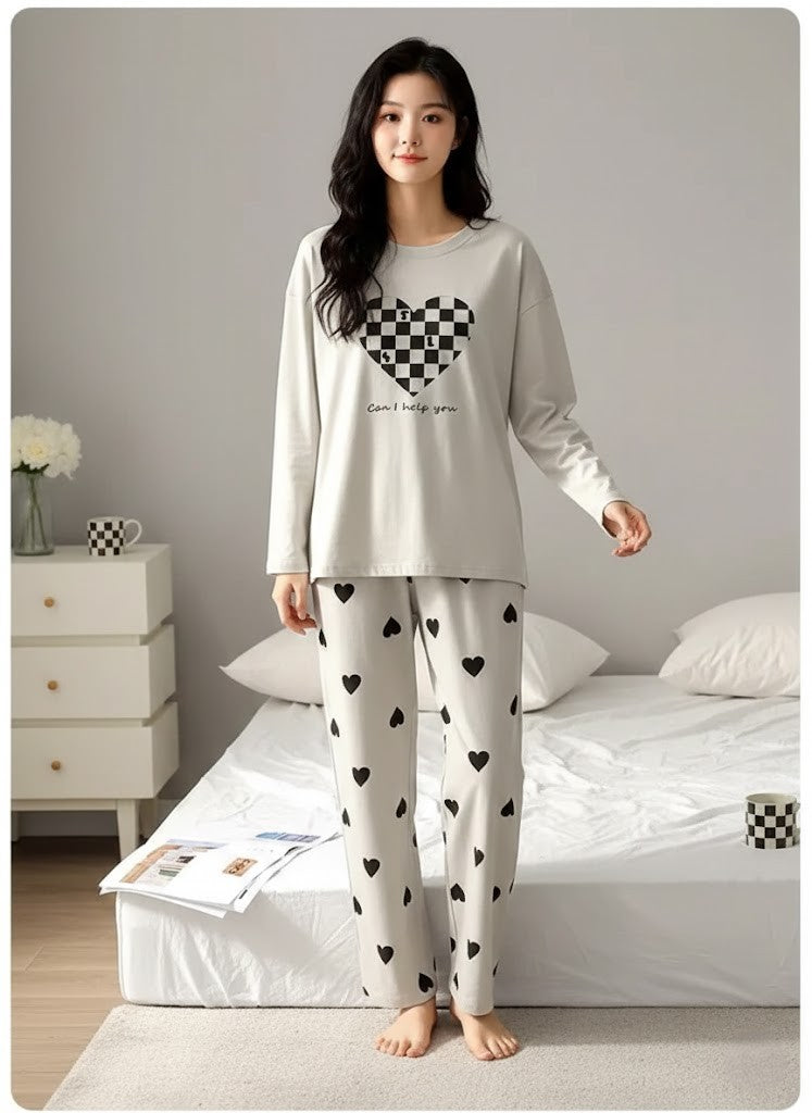 CHECKERED HEART PRINTED PJ SUIT FULL SLEEVES
