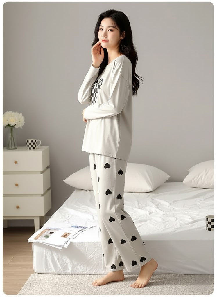 CHECKERED HEART PRINTED PJ SUIT FULL SLEEVES