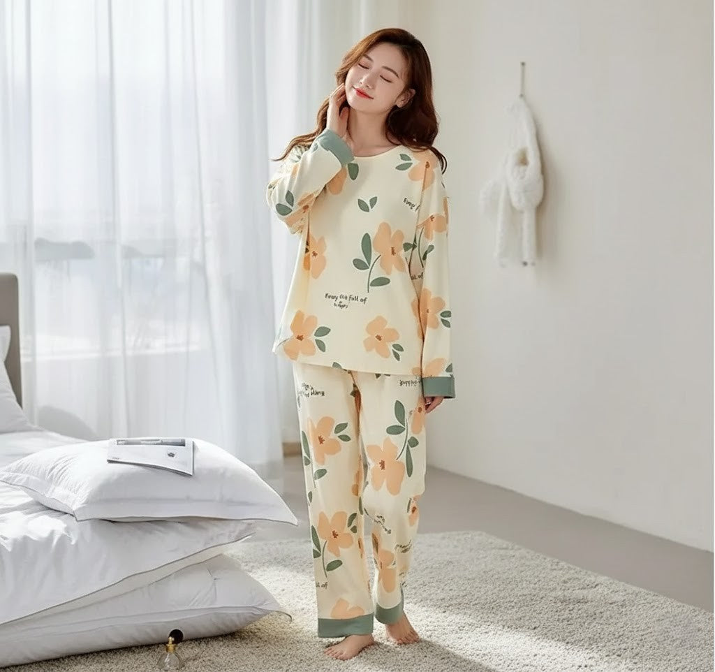 ORANGE FLOWER PRINTED PJ SUIT FULL SLEEVES