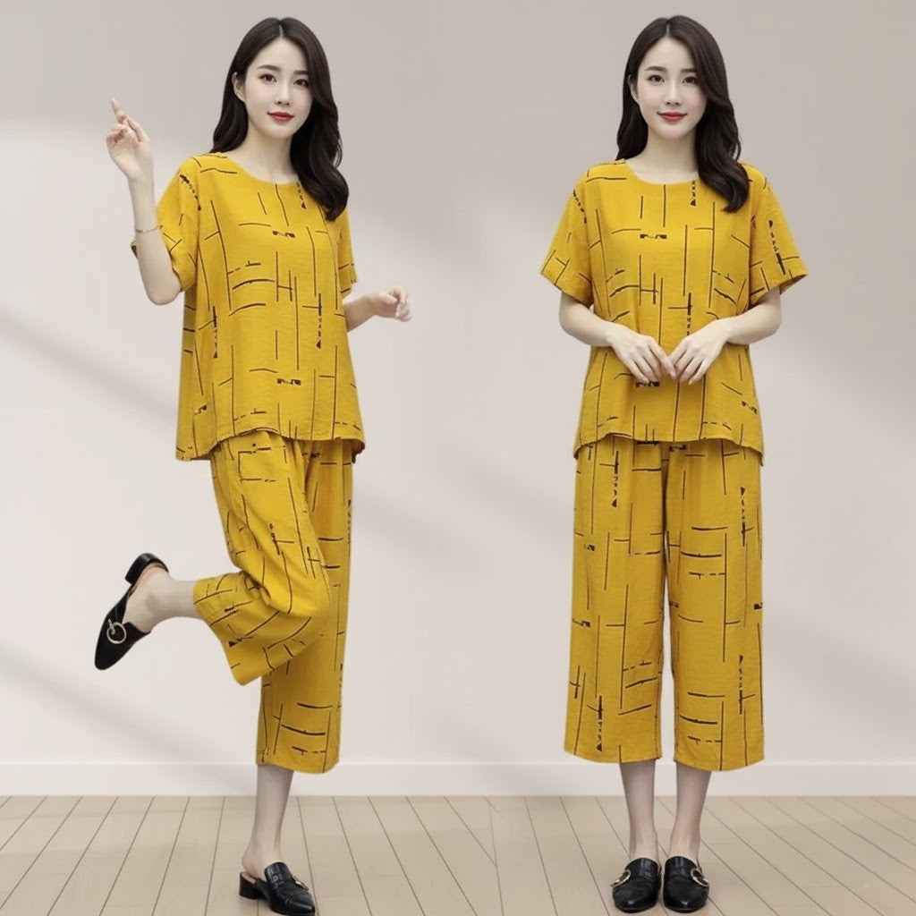 Yellow Printed Capri Night Suit