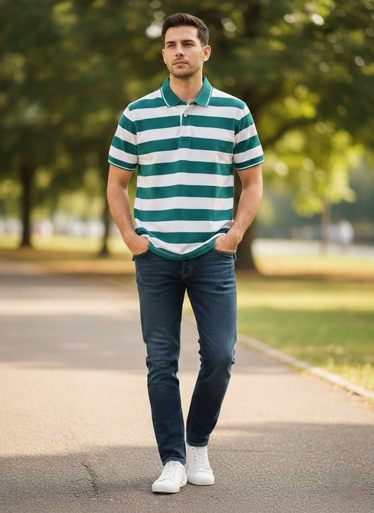 OLD MONEY STRIPE POLO - Ocean Teal