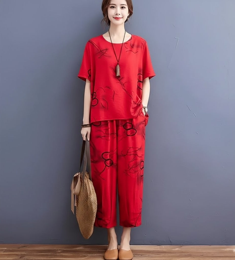 Red Ring Capri Printed Night Suit