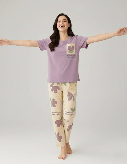 Pocket Purple Flower Soft Cotton PJ Suit