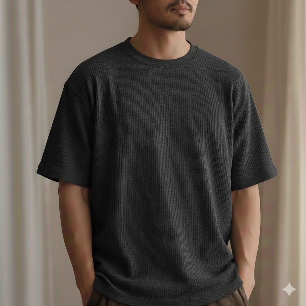 Oversized Waffle Knit Tee For Men - Charcoal