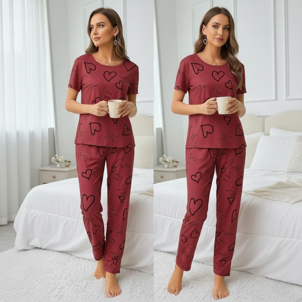 Dark Pink Love Printed Night Suit
