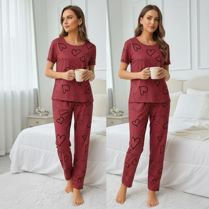 Dark Pink Love Printed Night Suit