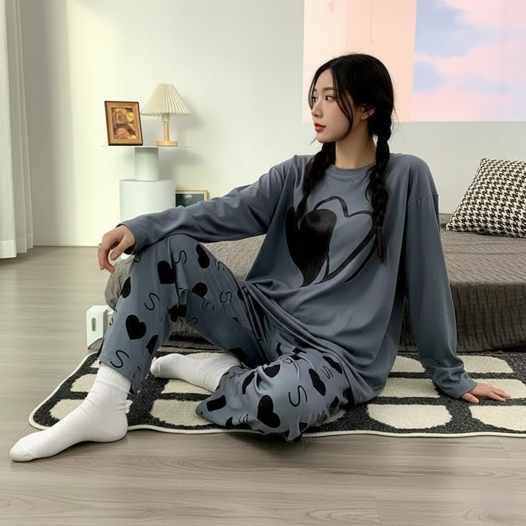 GREY BIG HEARTS PRINTED PJ SUIT FULL SLEEVES