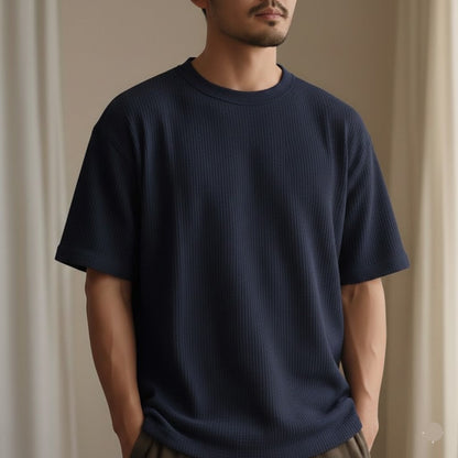 Oversized Waffle Knit Tee For Men - Navyblue