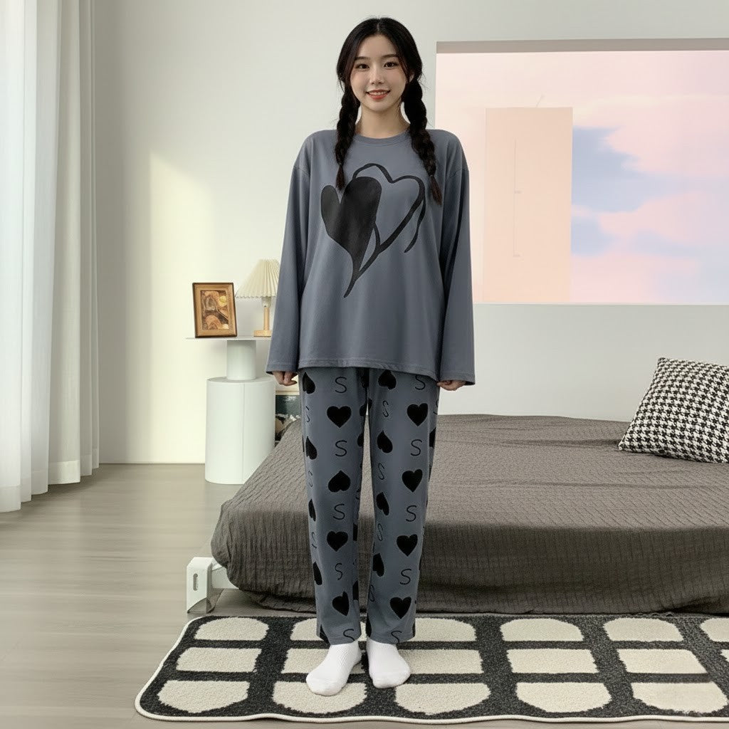 GREY BIG HEARTS PRINTED PJ SUIT FULL SLEEVES