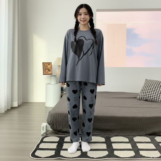 GREY BIG HEARTS PRINTED PJ SUIT FULL SLEEVES